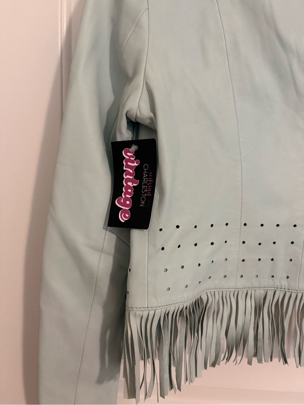 Rino Pelle 100% Leather Mint Fringe Leather Jacket NWT - Picture 6 of 6